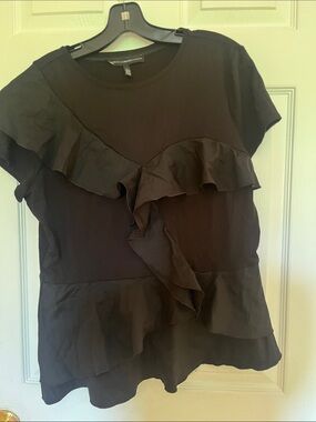 White House Black Market Ruffled Short Sleeve Top - Black. Size large.